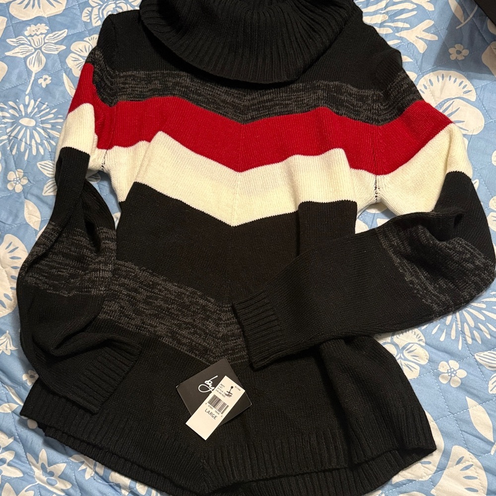 by & by Black, Red, and White Chevron Turtleneck Sweater